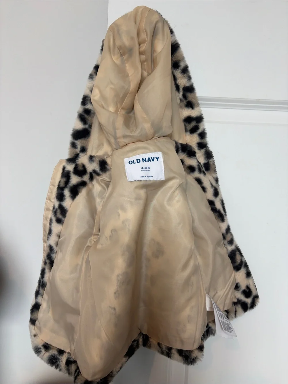 Girls' Faux Fur Leopard Hooded Jacket - Beige/Black